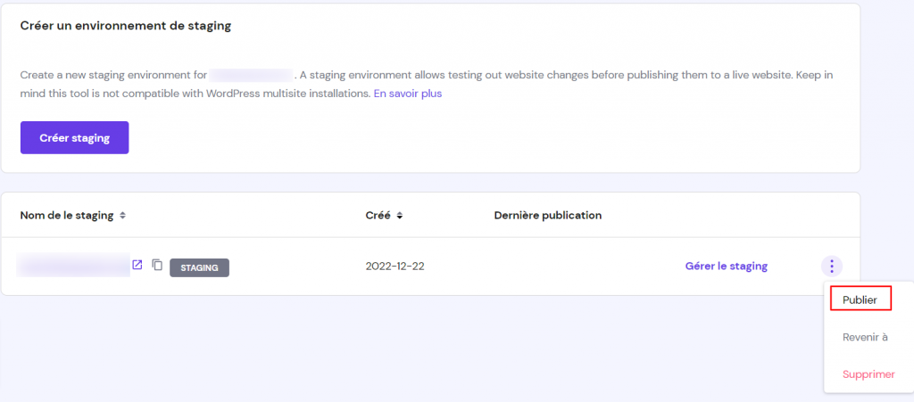 Liste des sites de staging WordPress, avec le bouton permettant de transférer les modifications du site de staging vers le site réel