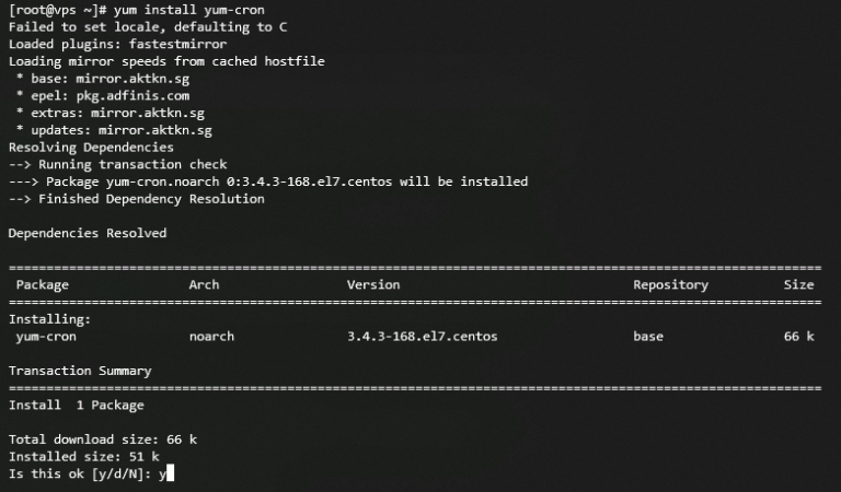 Résultat du terminal lors de l'installation de yum-cron