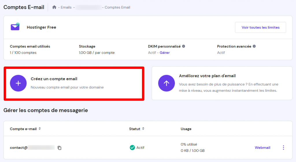 page-emails-hPanel La page Emails du hPanel, montrant où cliquer sur Créer un compte email