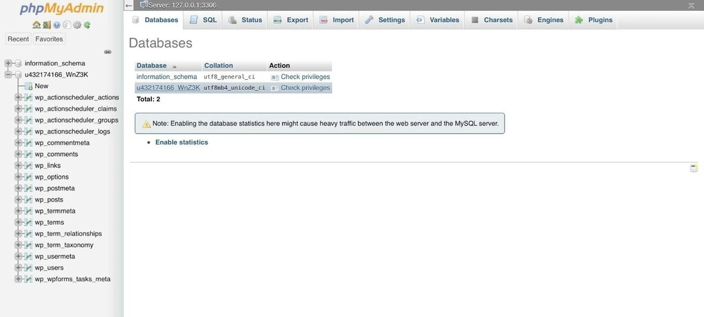 Sélectionner la base de données sur phpMyAdmin 