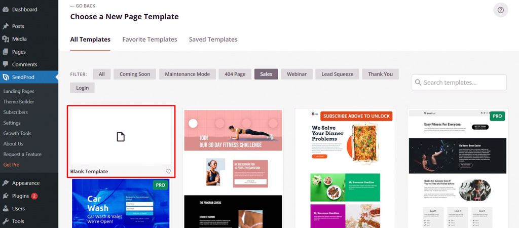 Les options de modèles préétablis dans SeedProd