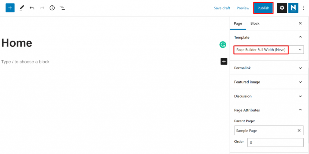 L'apparition d'une nouvelle page qui vous permet de sélectionner votre page de modèle dans le menu latéral