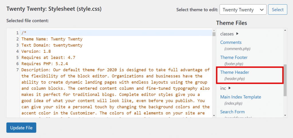Fichier d'en-tête du thème (header.php).