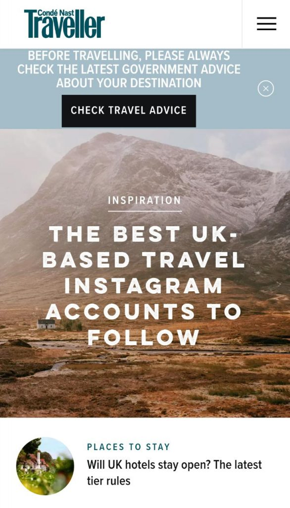 Site web mobile de Conde Nast Traveller