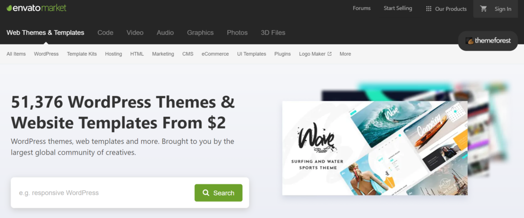 Page d'accueil de Theme Forest