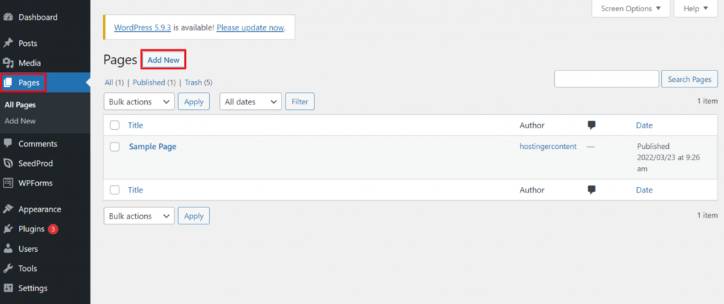 Le menu des pages du tableau de bord de WordPress, dans lequel vous pouvez ajouter une nouvelle page à votre site web.