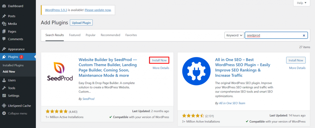 Le menu des plugins sur le tableau de bord de WordPress