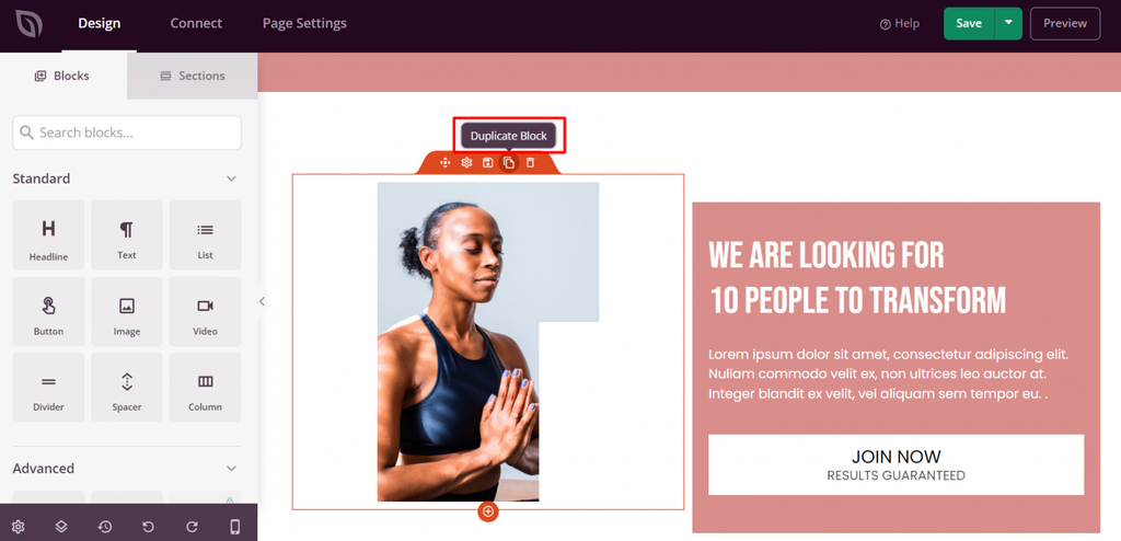 Le menu de navigation pour dupliquer un bloc sur votre landing page dans SeedProd