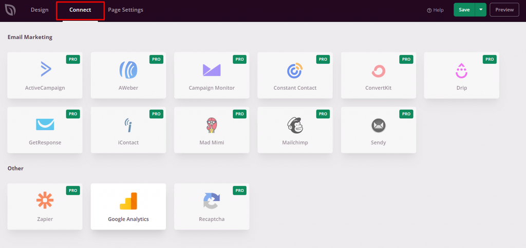 L'onglet Connect dans SeedProd qui vous permet d'intégrer votre landing page avec des services de marketing par courriel