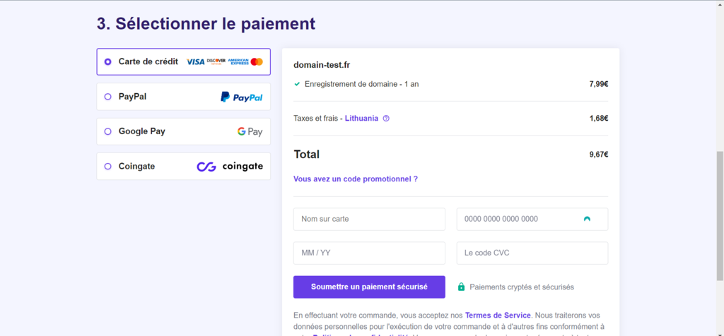 finalisation de paiement d'un nom de domaine chez Hostinger