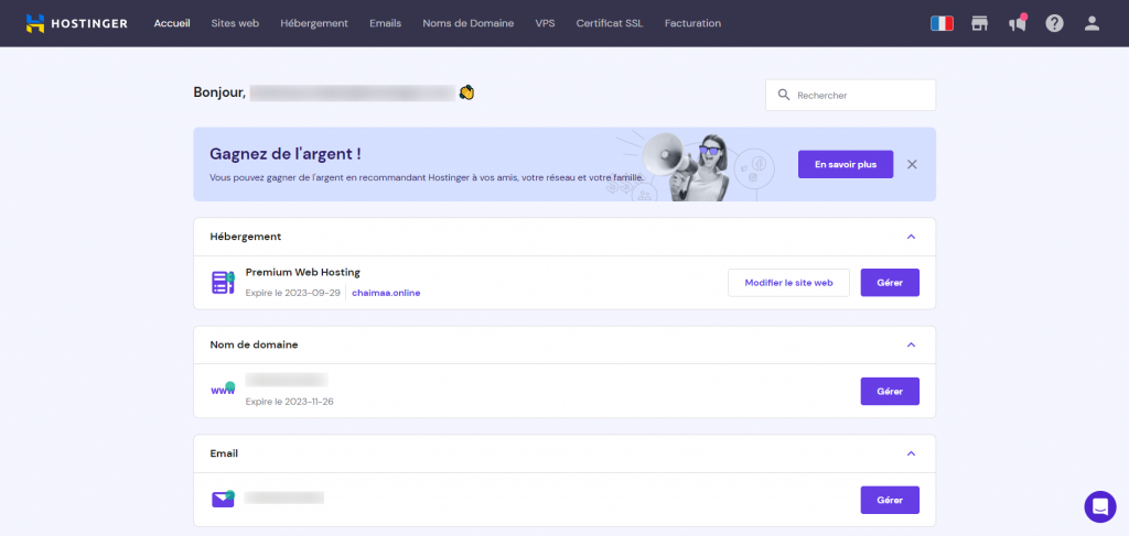 L'interface de hPanel, un panneau de contrôle personnalisé de Hostinger