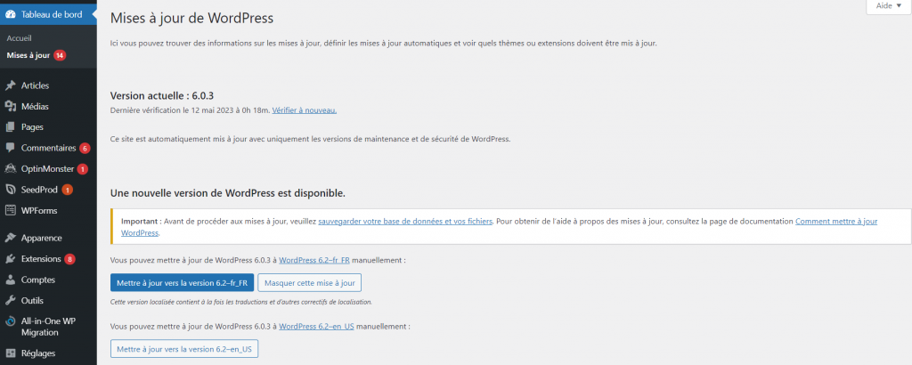 Mises-à-jour-de-WordPress Mises à jour de WordPress sur le panneau d'administration