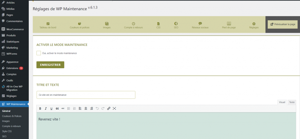 plugin-WP-Maintenance Tableau de bord du plugin WP Maintenance