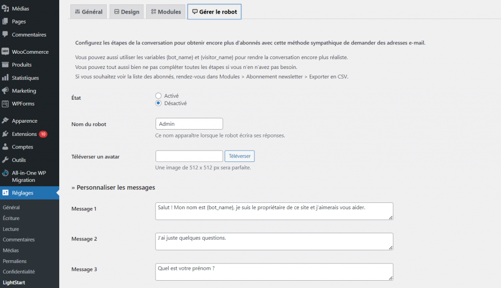 Paramètres-onglet-de-gestion-de-robot Paramètres de l'onglet de gestion de robot