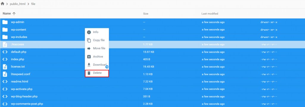 supprimer-fichiers-du-dossier-public-html Le répertoire public_html dans le gestionnaire de fichiers de hPanel avec l'option Supprimer en surbrillance.