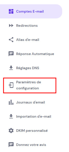 Sélectionner Paramètres de configuration sous le nom de domaine
