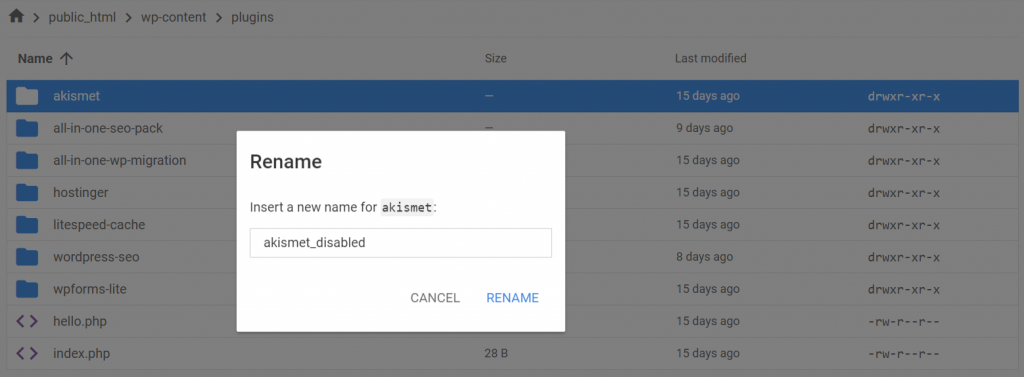 désactiver manuellement les plugins wordpress depuis le gestionnaire de fichiers sur hpanel