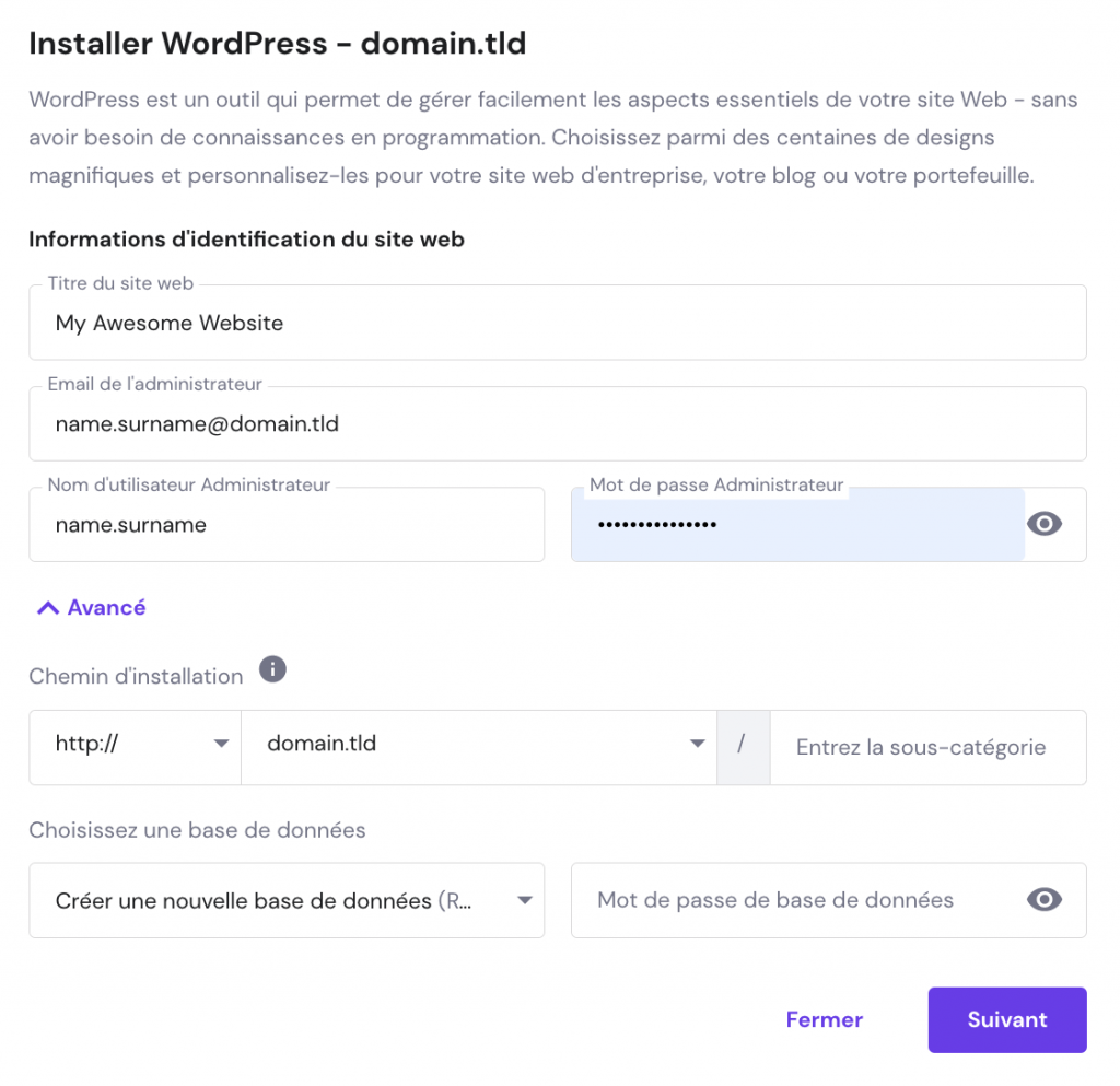 Le formulaire d'installation WordPress sur hpanel