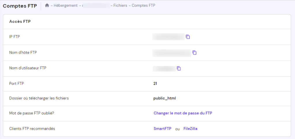comptes-FTP informations d'identification de votre compte FTP sur hPanel