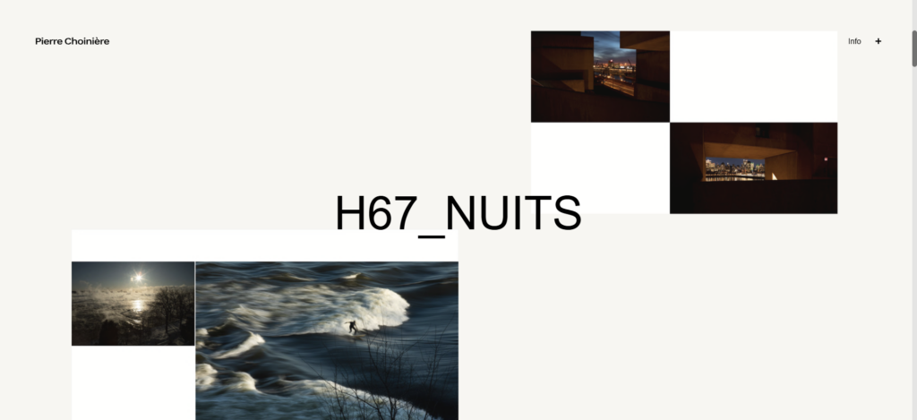 Le portfolio numérique de Pierre Choiniére utilise beaucoup d'espaces négatifs et des couleurs d'arrière-plan discrètes.