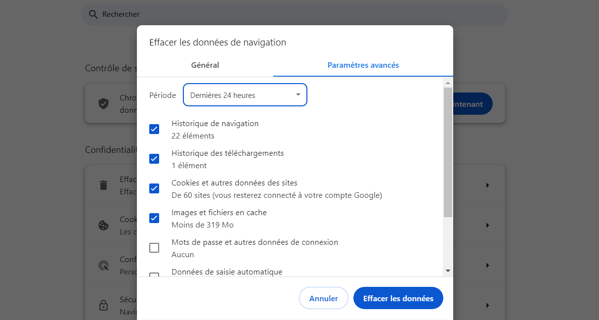 Effacer l'historique de navigation et les images en cache sur Google Chrome.