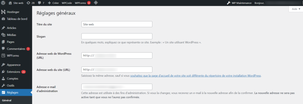 Réglages généraux sur le tableau de bord de WordPress.