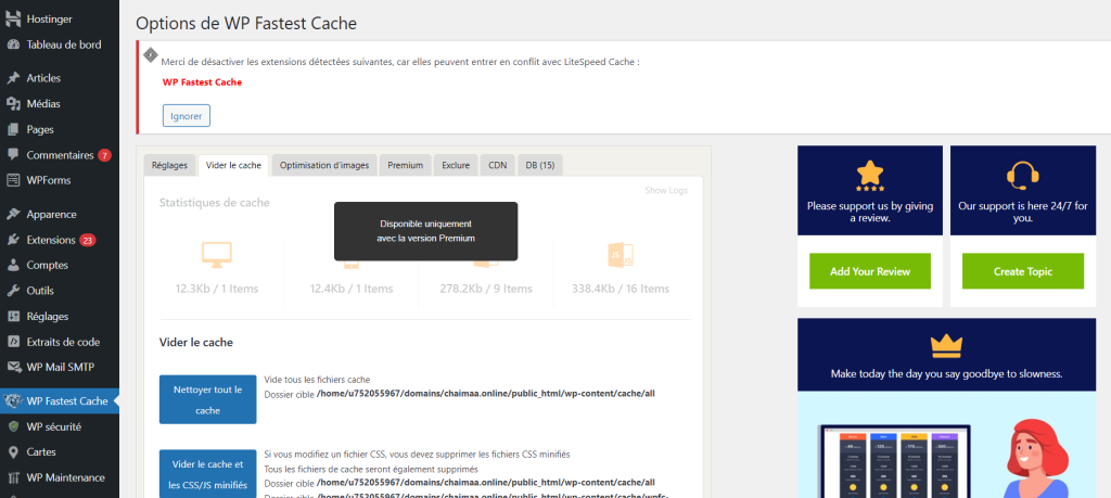 Options de nettoyage de cache sous l'onglet nettoyer le cache.
