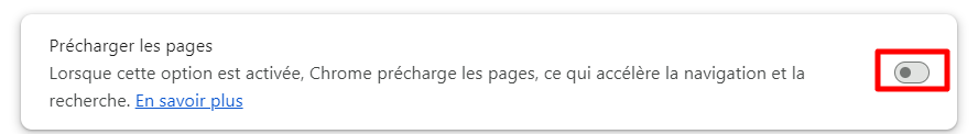 Paramètres de préchargement des pages dans Google Chrome