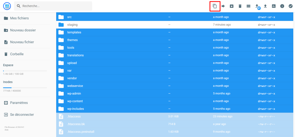Tableau de bord du gestionnaire de fichiers Hostinger, mettant en évidence le bouton Copier le fichier