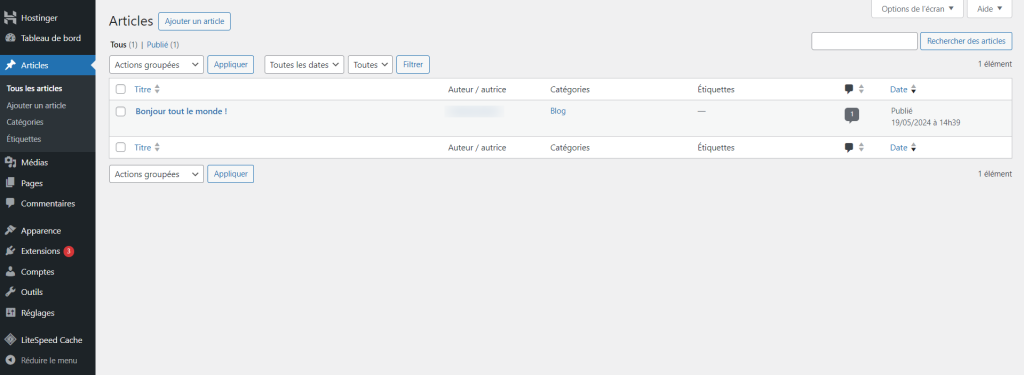 Le tableau de bord d'administration de WordPress présente la section des articles