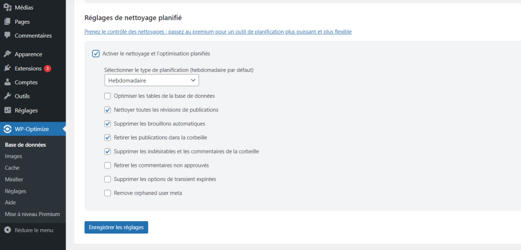 Réglages de nettoyage planifié de WP-Optimize