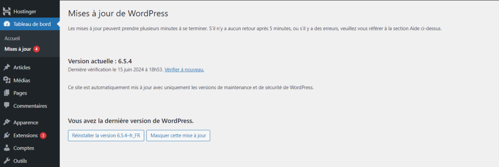 Page des mises à jour de WordPress montrant la dernière version de WordPress