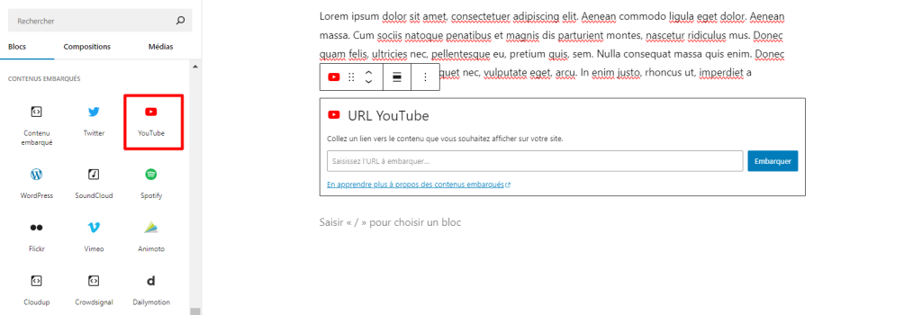 ajouter vidéos youtube gutenberg