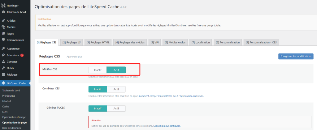 Activer l'option Minifier CSS sur WordPress
