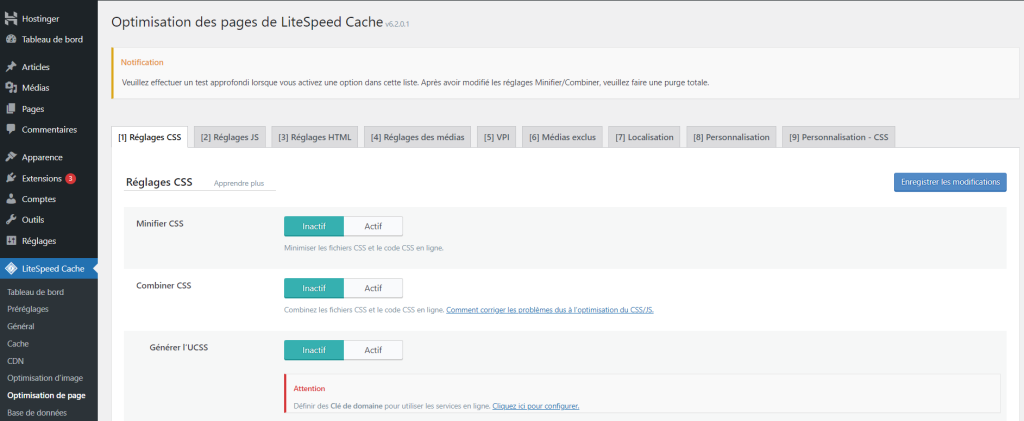 Les paramètres d'optimisation de page LiteSpeed Cache