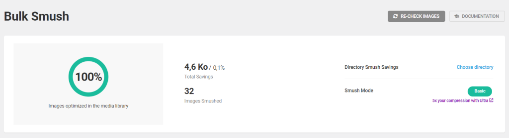 Le rapport de Bulk Smush après avoir terminé le processus d'optimisation d'images en masse