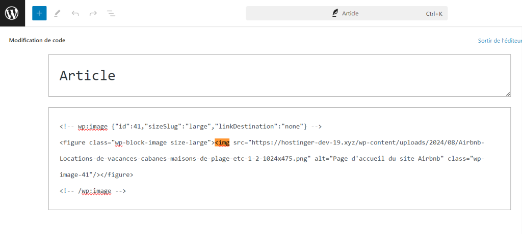L'éditeur de code d'un article WordPress utilisant la recherche de balise img