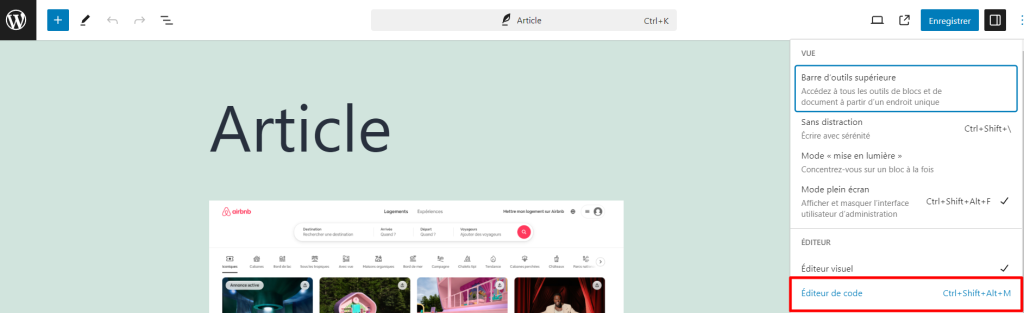 L'option ellipse de WordPress avec l'éditeur de code en surbrillance