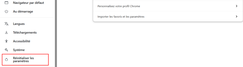 Bouton Réinitialiser les paramètres sur Chrome