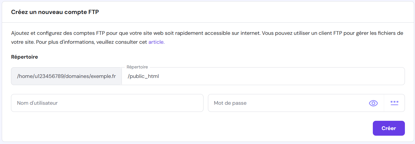 Création d'un nouveau compte FTP via hPanel