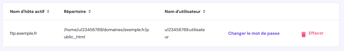La liste des comptes FTP sur hPanel