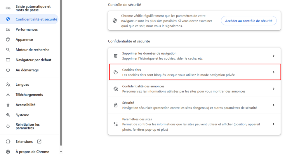 Section Cookies tiers dans les paramètres de Google Chrome