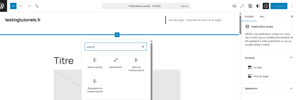 Capture d'écran de l'éditeur de blocs WordPress, montrant les blocs de l'auteur de l'article.