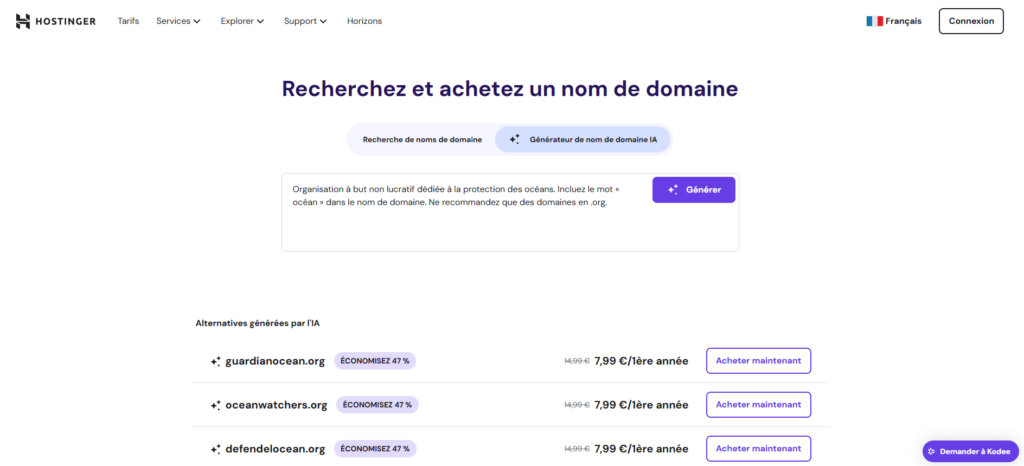 Outil de recherche de domaines alimenté par l'IA d'Hostinger