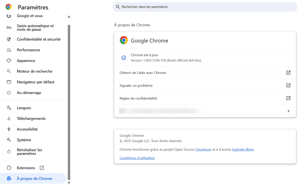 Fenêtre À propos de Chrome indiquant que Google Chrome est à jour.