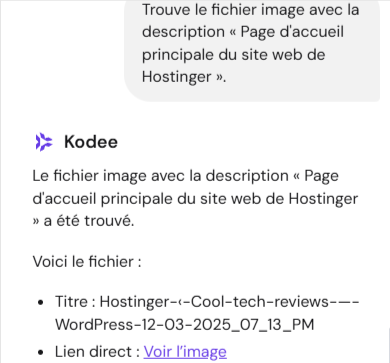 Kodee trouve une image dans la bibliothèque multimédia WordPress à partir de sa description.