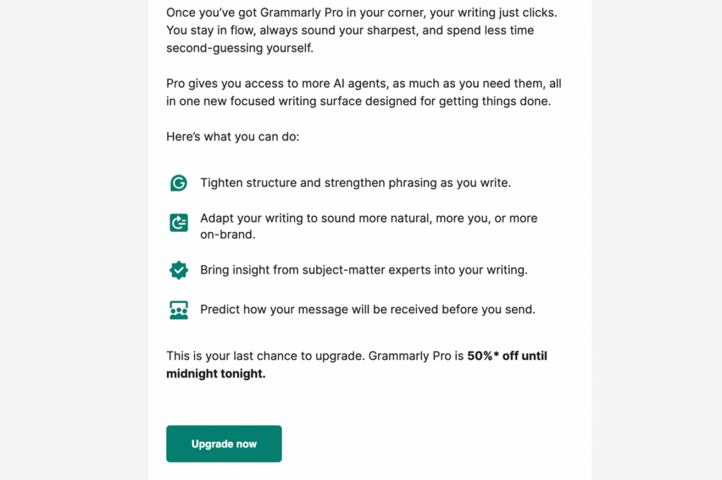 Newsletter de Grammarly affichant un CTA « Mettre à niveau maintenant ».