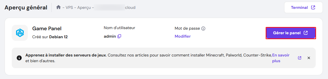Le bouton Gérer le panel sur la page de présentation du VPS de hPanel