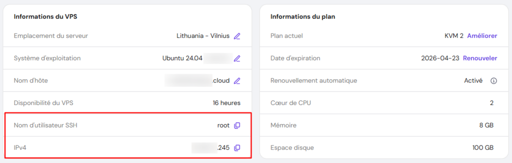 Identifiants d'accès SSH du serveur sur la page Aperçu général du VPS Hostinger