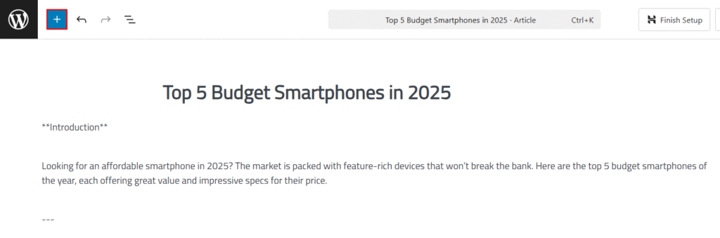 La barre supérieure de WordPress Gutenberg avec l'icône Block Inserter en surbrillance.